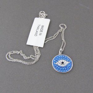 Sterling Silver Crystal Rhinestone Evil Eye Protector Pendant Necklace Italy Tha